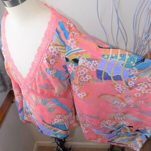 coral/multicolored floral oriental print lace trim kimono blouse top!